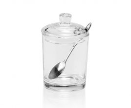 Azucarero de vidrio con tapa y cucharita vacío