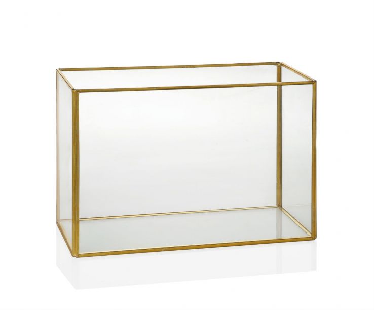 Terrario rectangular grande de cristal y latón dorado